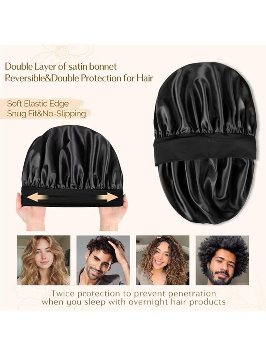 〽️Women Black Silk Bonnet Sleeping Double Layer Satin Natural Curly Hair Cap main image 6